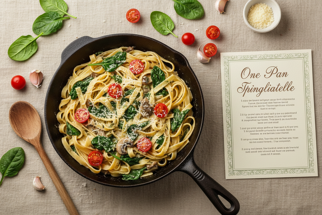 One pan spinach tagliatelle pasta in a skillet